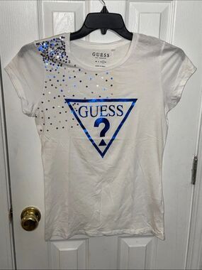 Guess White Tee with Blue Metallic Logo and Blue Rhinestone Accent